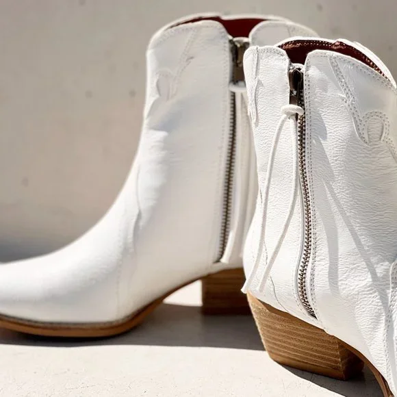 NEW Pointy Toe Stack Block Heel Zip Up Western Ankle Booties Boots Off White - Picture 12 of 16